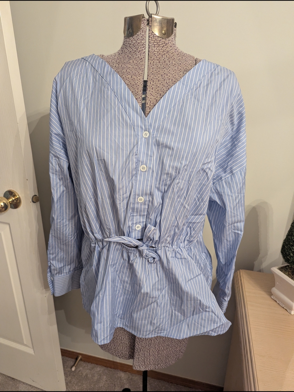 Anthropologie Light Blue Pinstripe V-Neck Tie-Waist Blouse